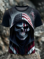 Men's Vintage Flag Skull Print Casual Tee