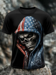 Men's Vintage Flag Skull Print Casual Tee