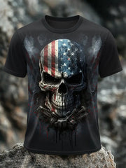 Men's Vintage Flag Skull Print Casual Tee