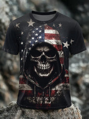 Men's Vintage Flag Skull Print Casual Tee