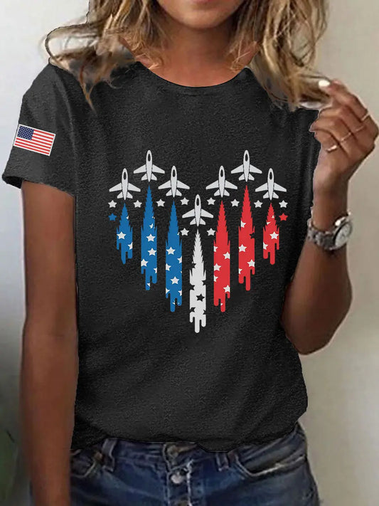 Women's Independence Day American Flag Jet Planes Print Casual Tee
