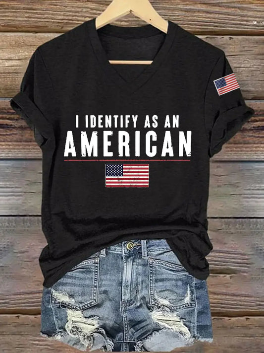 Women's I Identify As An American USA Flag Casual V-Neck Tee