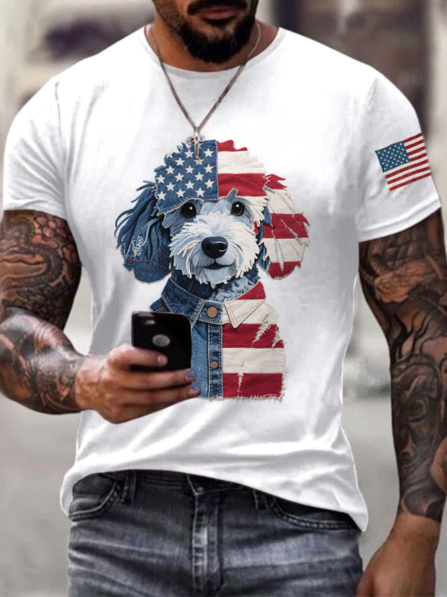 Men's Independence Day Dog Pattern Patchwork Art T-Shirt gracestitchs