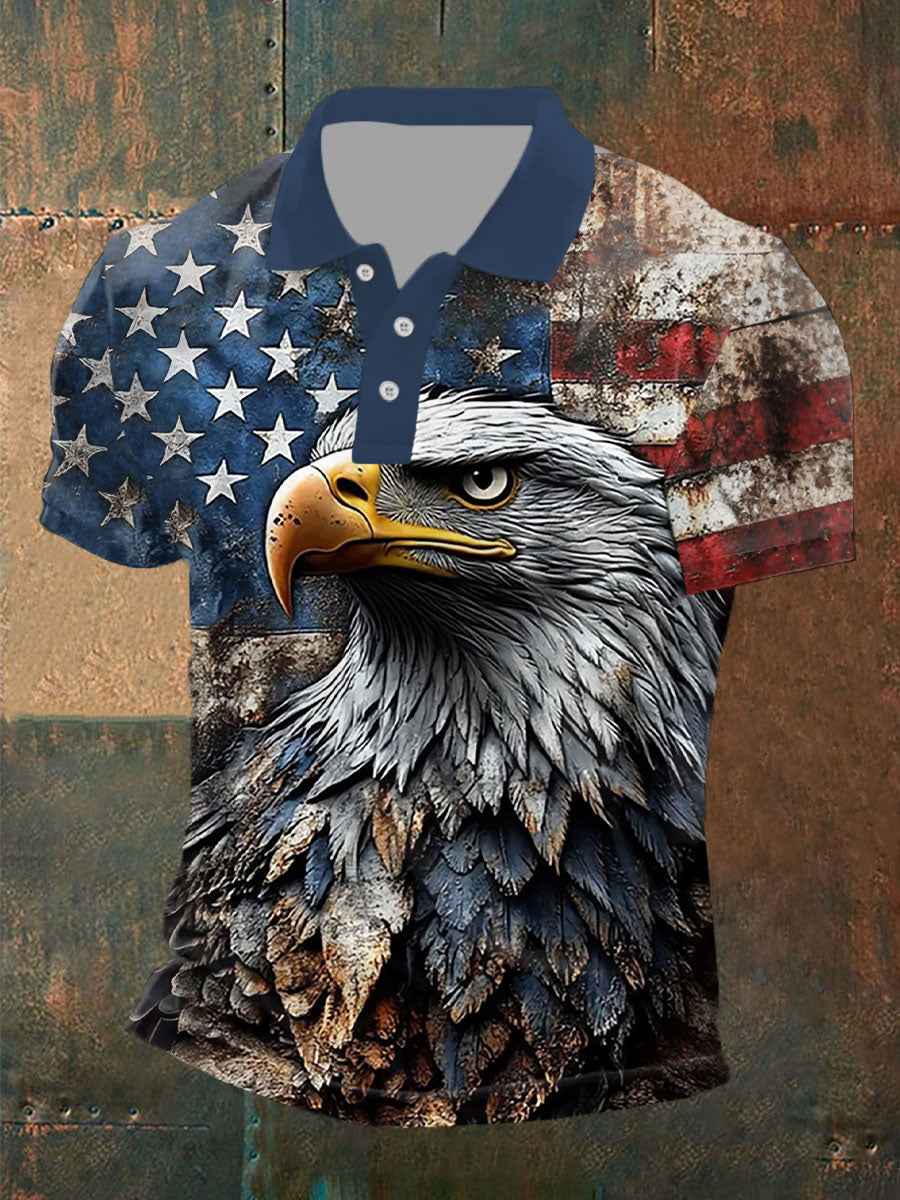 Men's American Flag and Eagle Print Button-Down Top gracestitchs