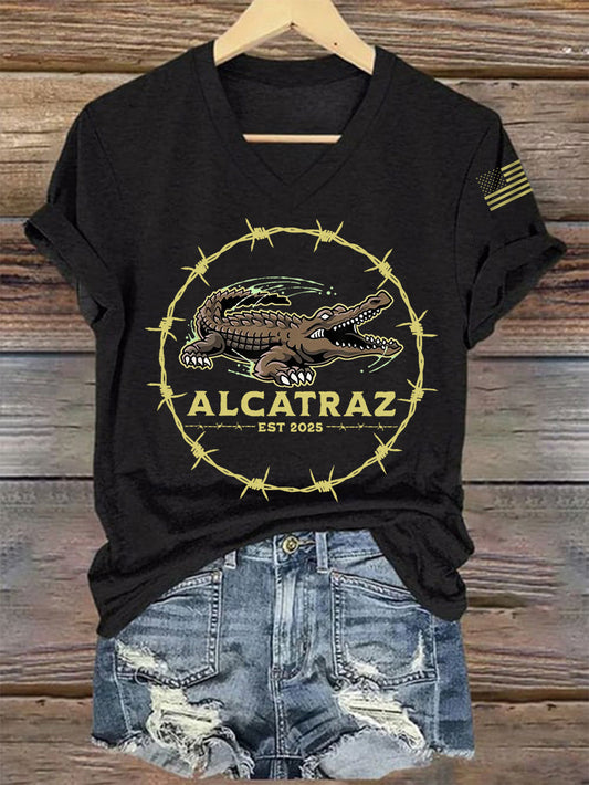 Women's Retro Alligator Alcatraz Funny Florida Everglades Dark Humor V-Neck Tee gracestitchs
