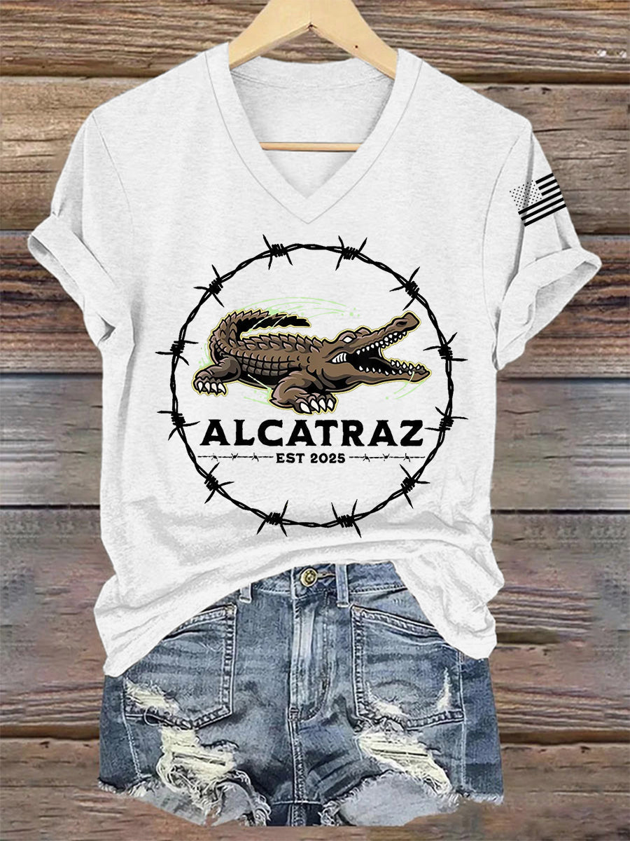 Women's Retro Alligator Alcatraz Funny Florida Everglades Dark Humor V-Neck Tee gracestitchs