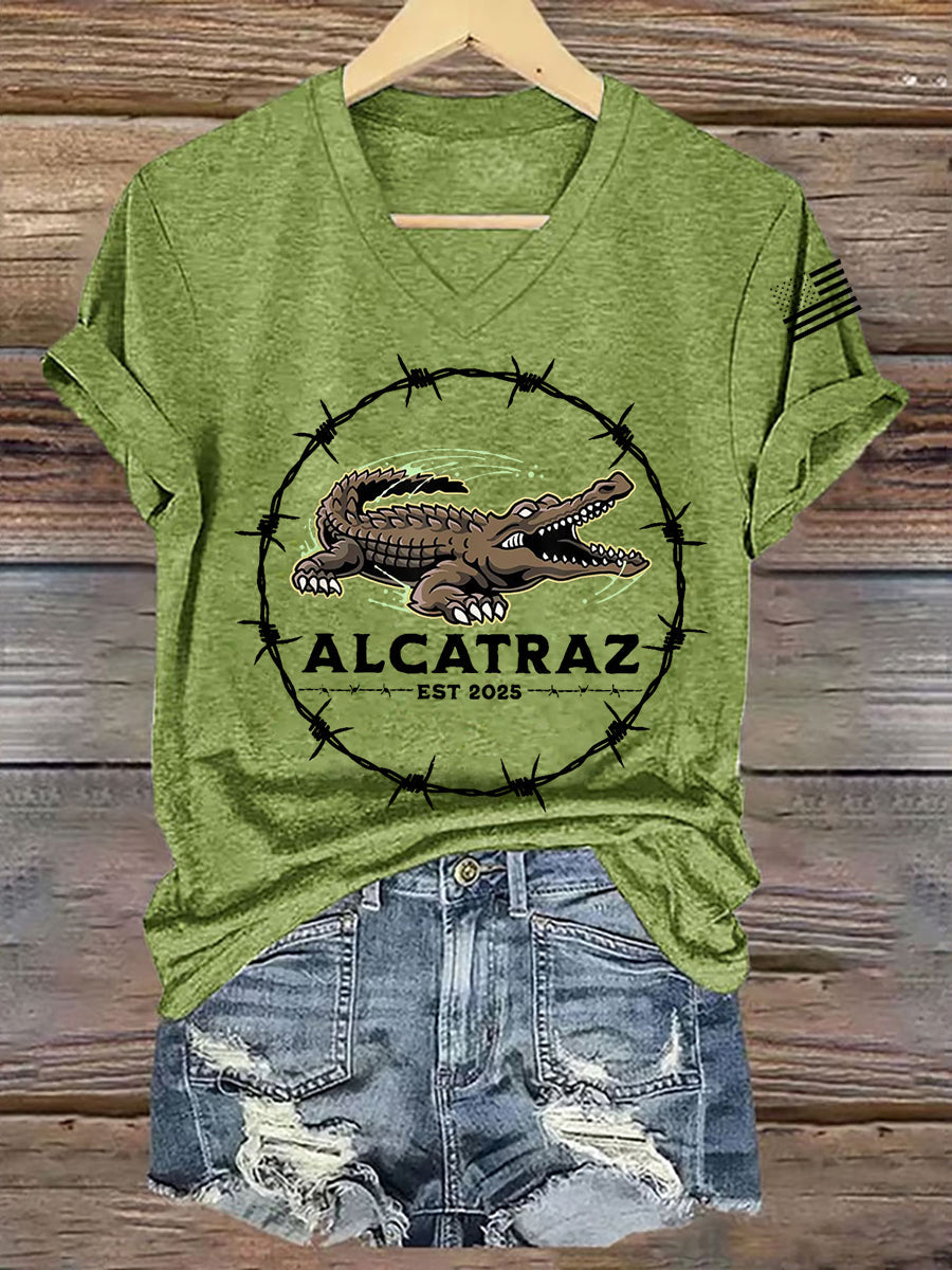 Women's Retro Alligator Alcatraz Funny Florida Everglades Dark Humor V-Neck Tee gracestitchs