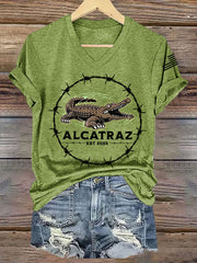 Women's Retro Alligator Alcatraz Funny Florida Everglades Dark Humor V-Neck Tee gracestitchs