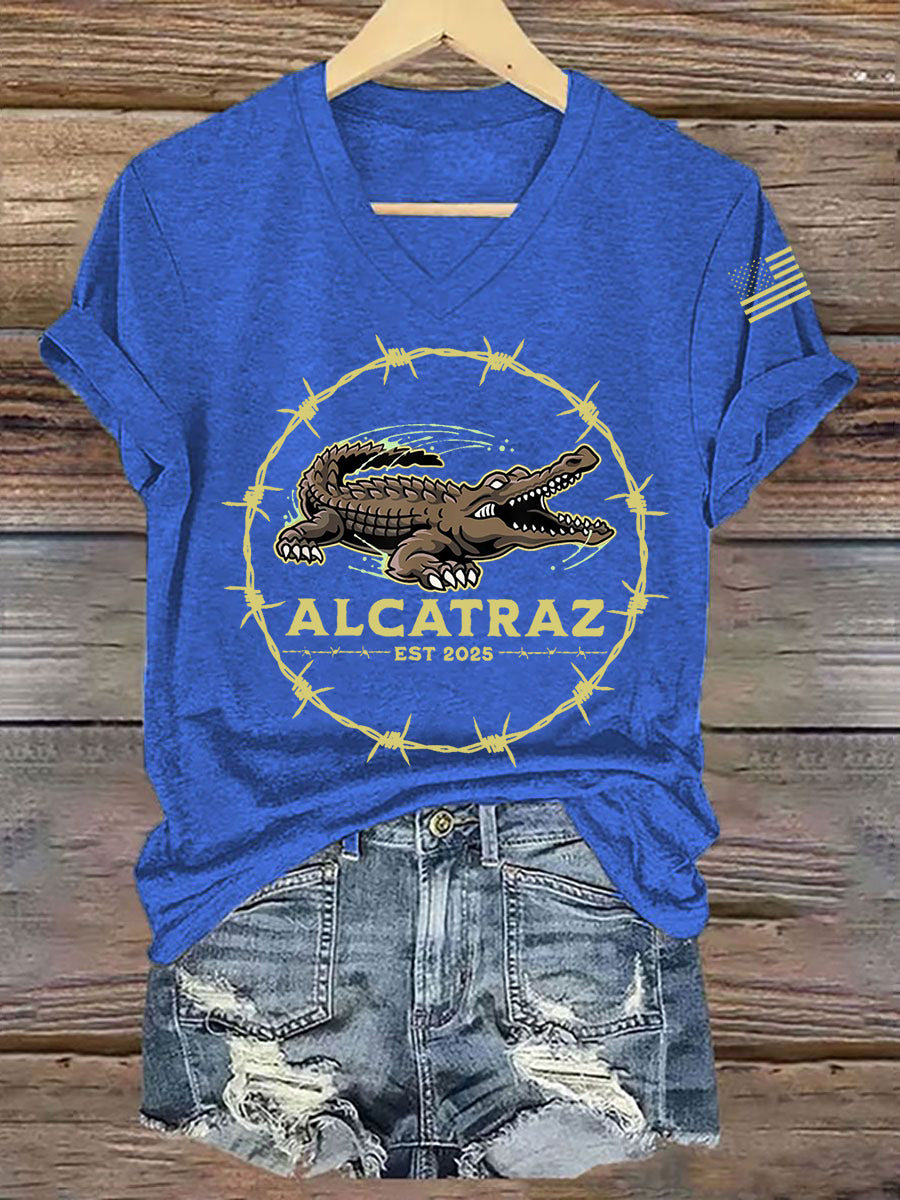 Women's Retro Alligator Alcatraz Funny Florida Everglades Dark Humor V-Neck Tee gracestitchs