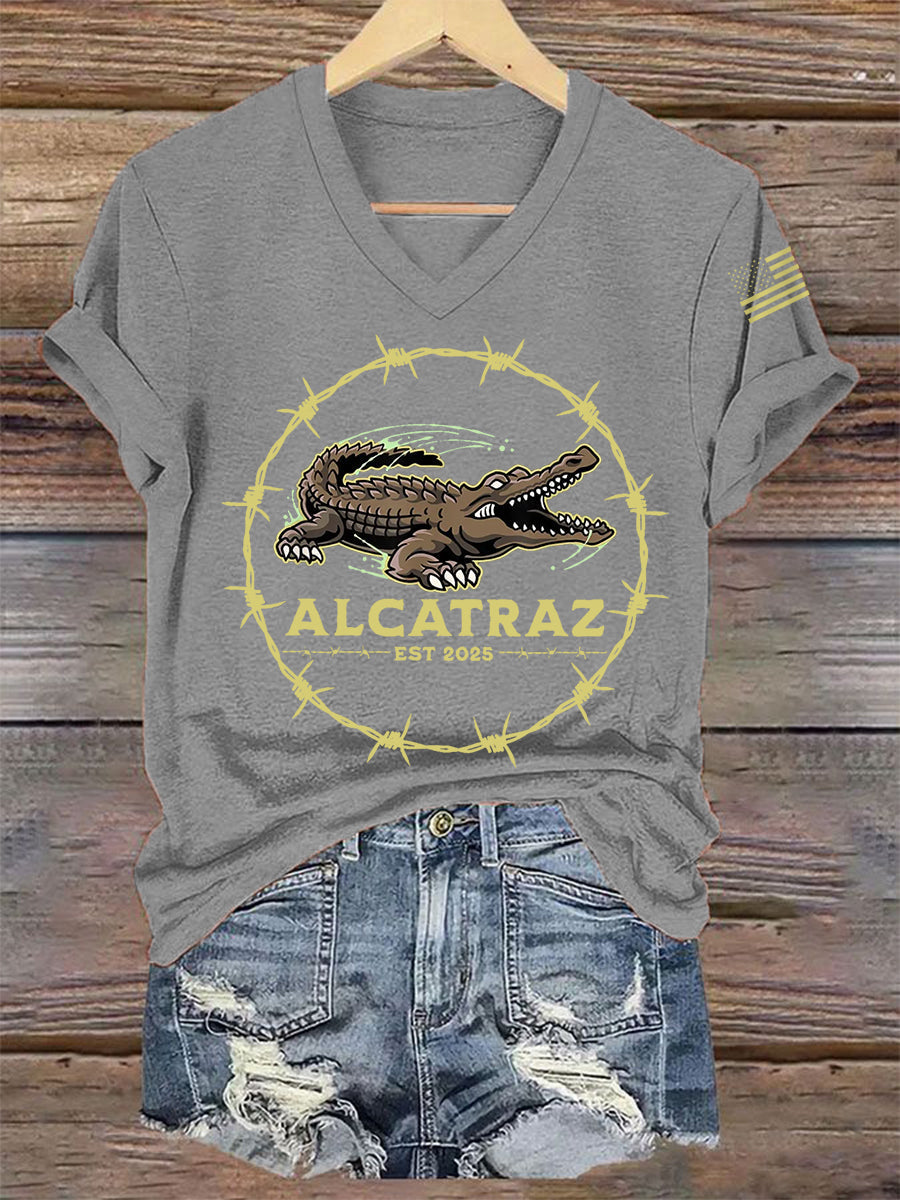 Women's Retro Alligator Alcatraz Funny Florida Everglades Dark Humor V-Neck Tee gracestitchs
