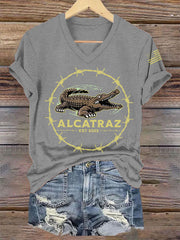 Women's Retro Alligator Alcatraz Funny Florida Everglades Dark Humor V-Neck Tee gracestitchs
