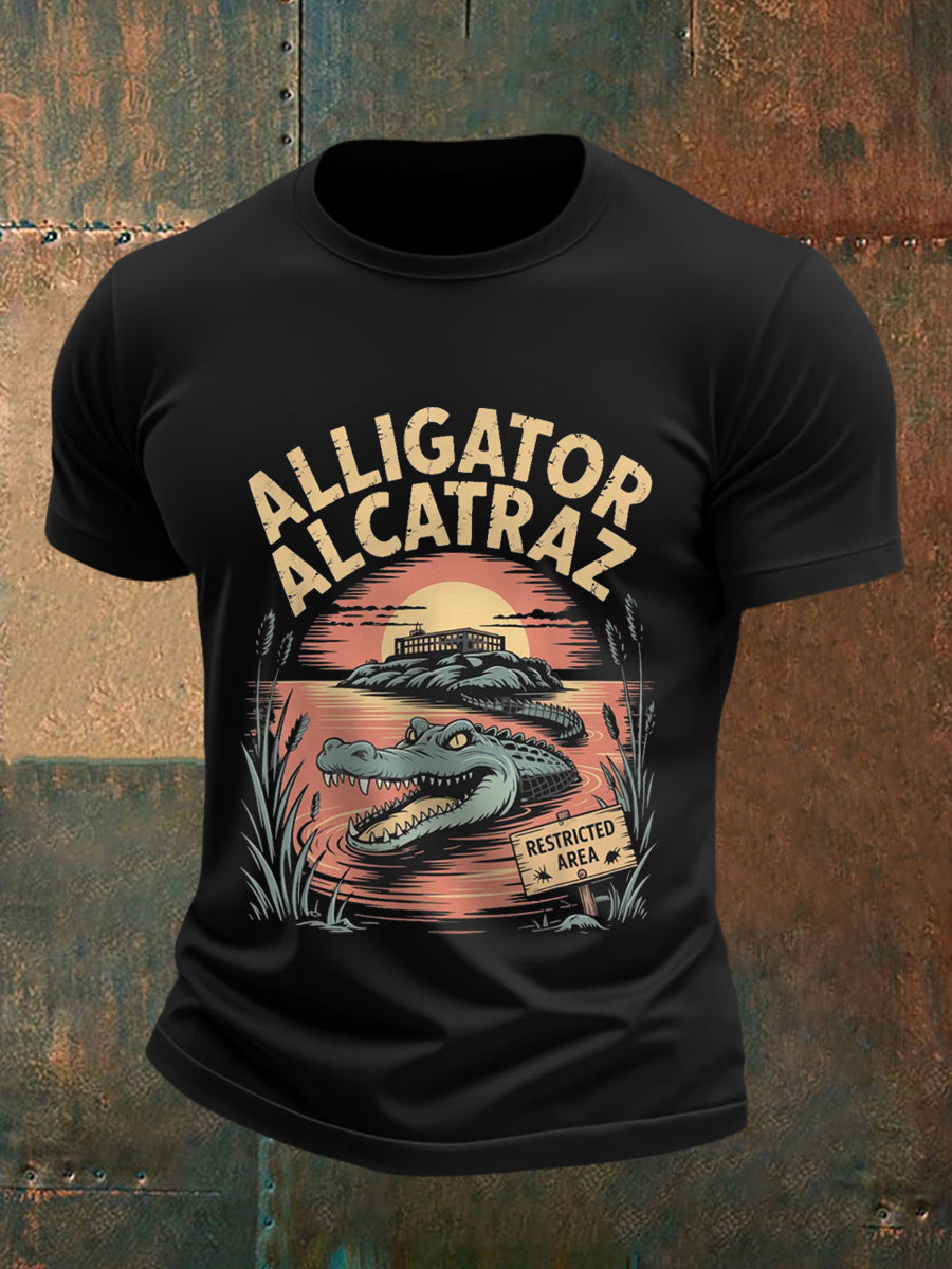 Men's Retro Alligator Alcatraz Funny Florida Everglades Dark Humor Tee gracestitchs