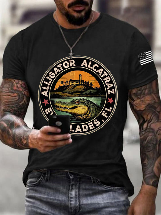 Men's Retro Alligator Alcatraz Funny Florida Everglades Dark Humor Tee gracestitchs