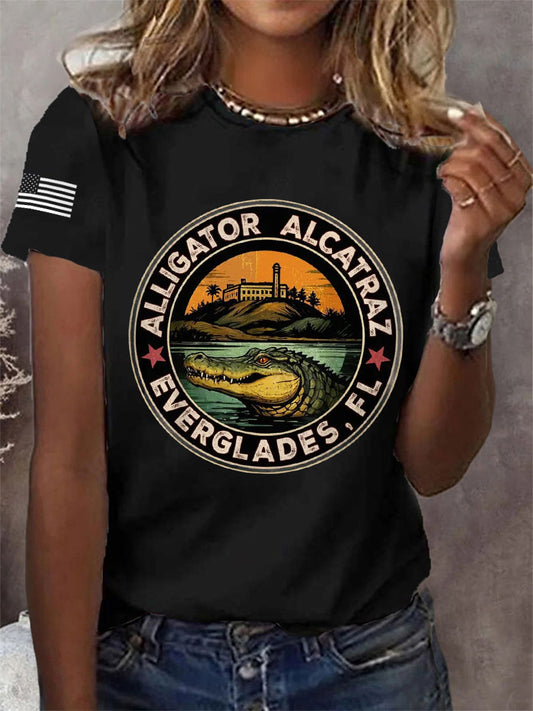 Women's Retro Alligator Alcatraz Funny Florida Everglades Dark Humor Tee gracestitchs