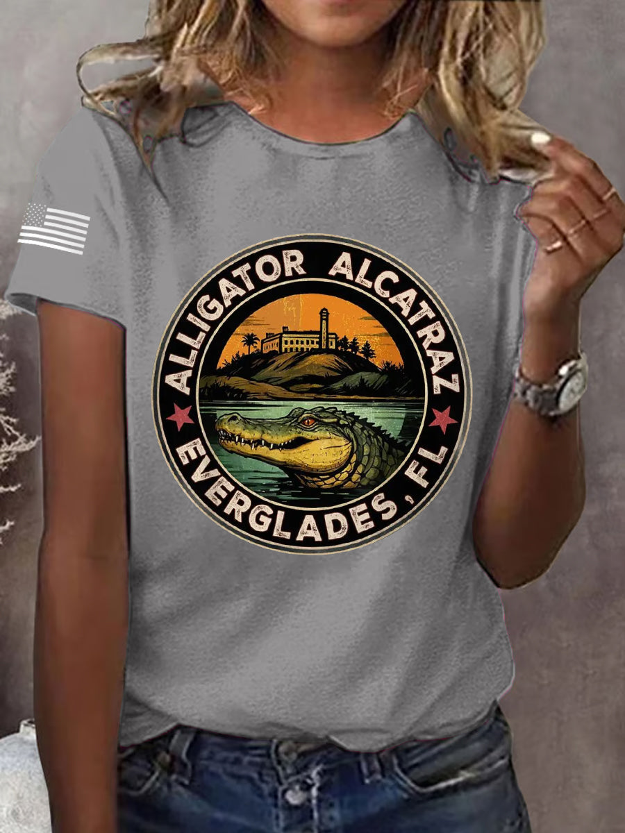 Women's Retro Alligator Alcatraz Funny Florida Everglades Dark Humor Tee gracestitchs