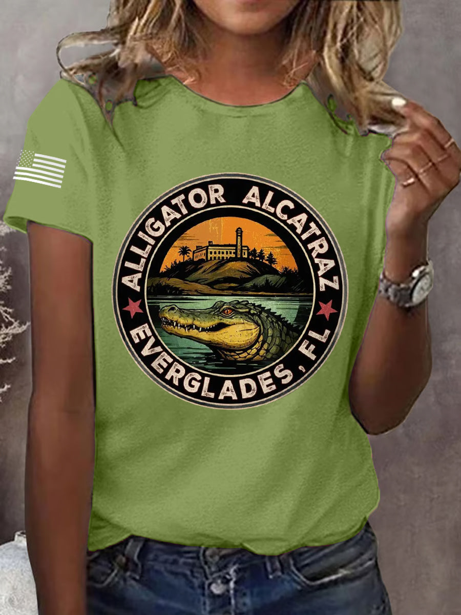 Women's Retro Alligator Alcatraz Funny Florida Everglades Dark Humor Tee gracestitchs