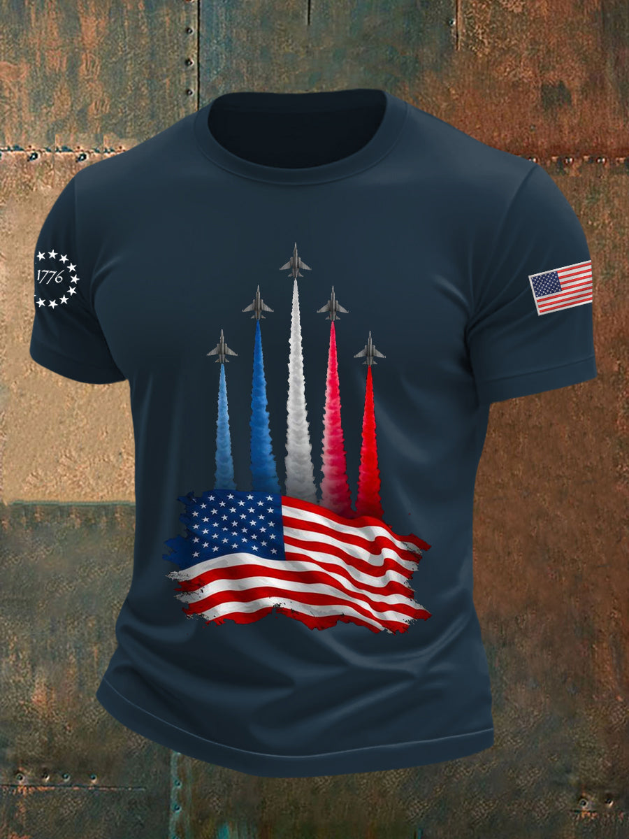 Men's Independence Day American Flag Jet Planes Print Casual Tee gracestitchs