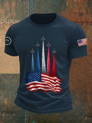 Men's Independence Day American Flag Jet Planes Print Casual Tee