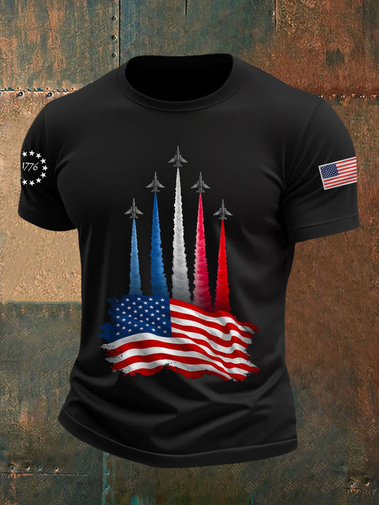 Men's Independence Day American Flag Jet Planes Print Casual Tee gracestitchs