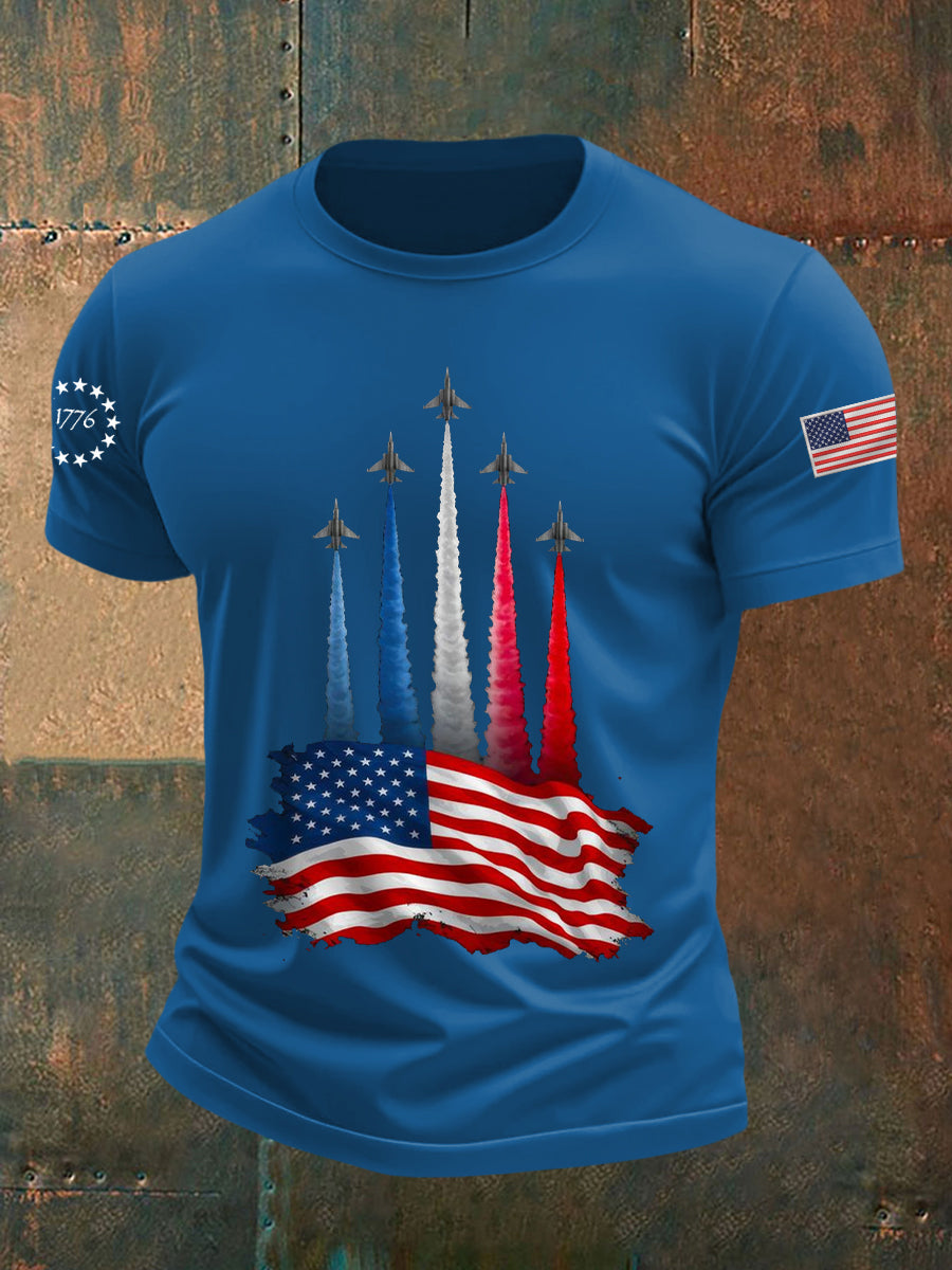 Men's Independence Day American Flag Jet Planes Print Casual Tee gracestitchs