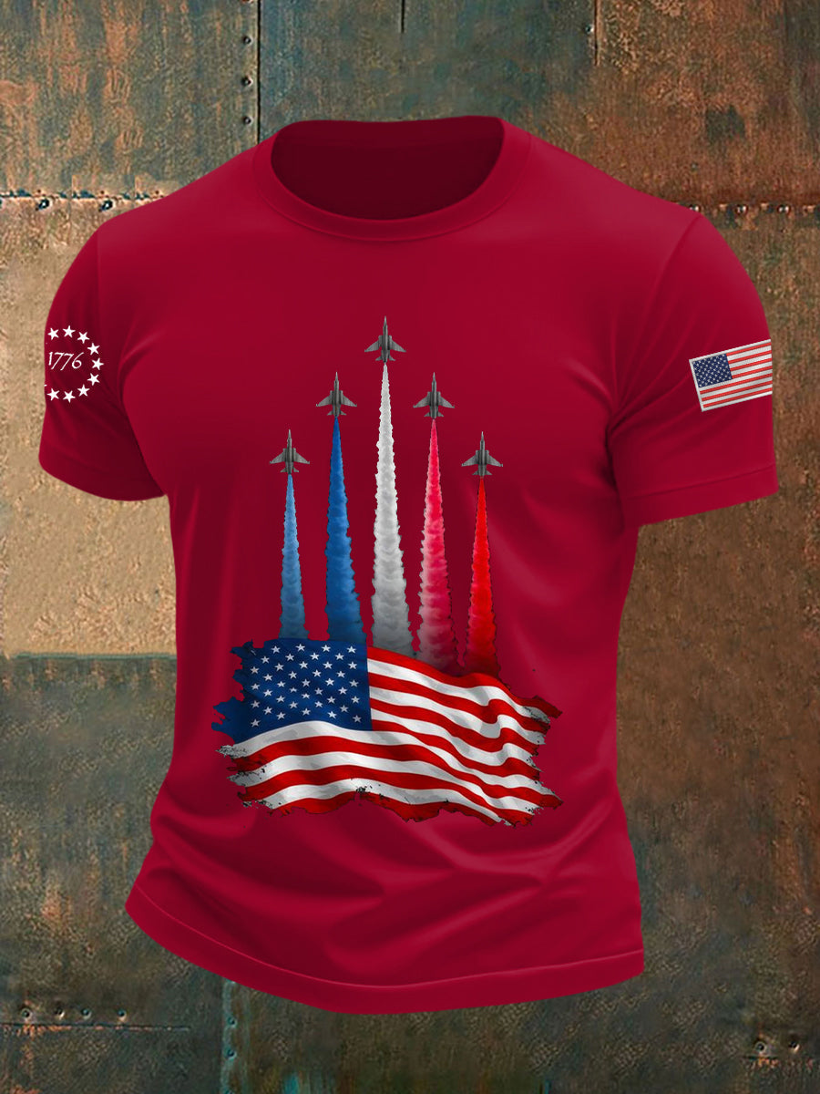 Men's Independence Day American Flag Jet Planes Print Casual Tee gracestitchs