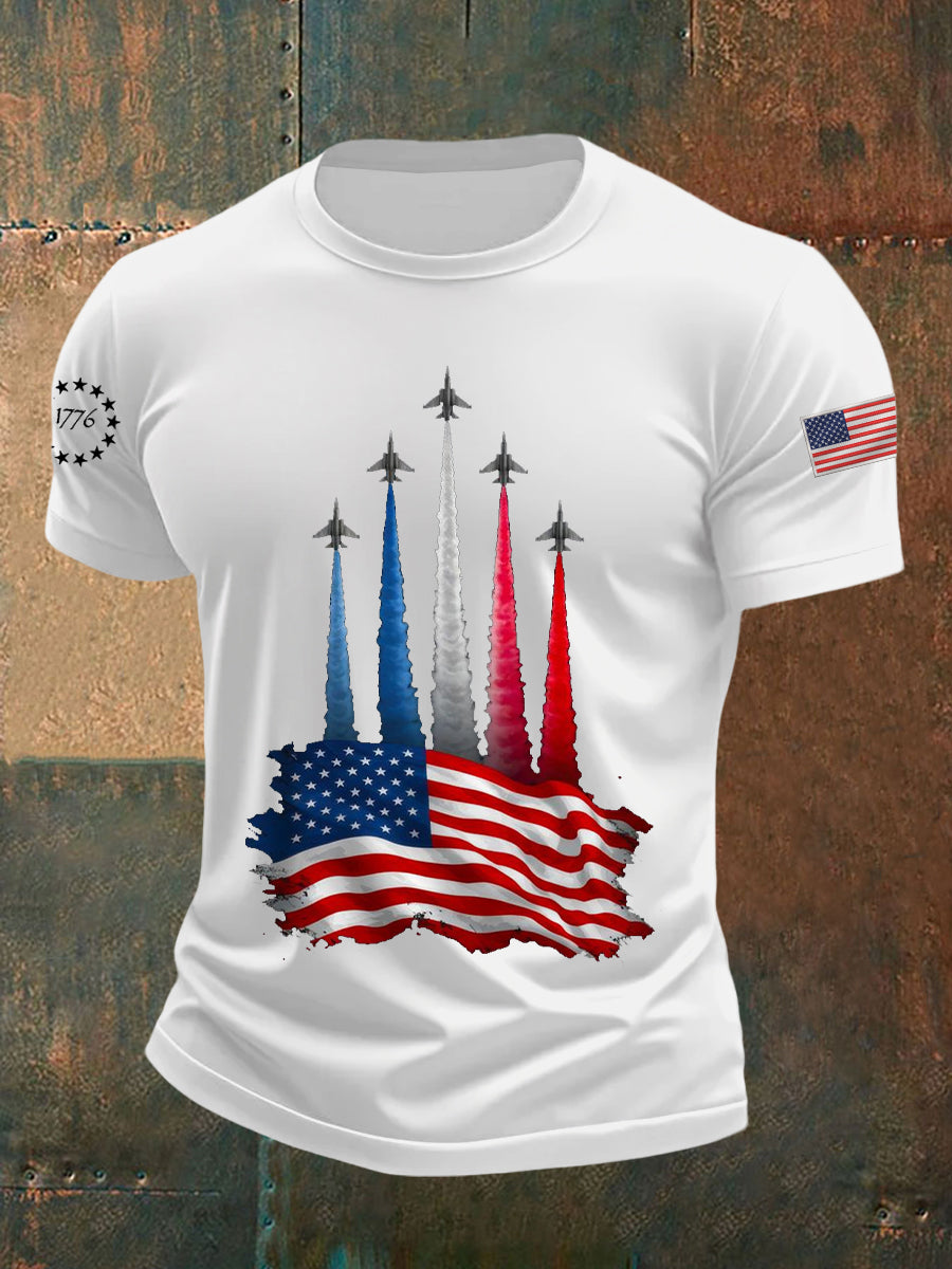 Men's Independence Day American Flag Jet Planes Print Casual Tee gracestitchs