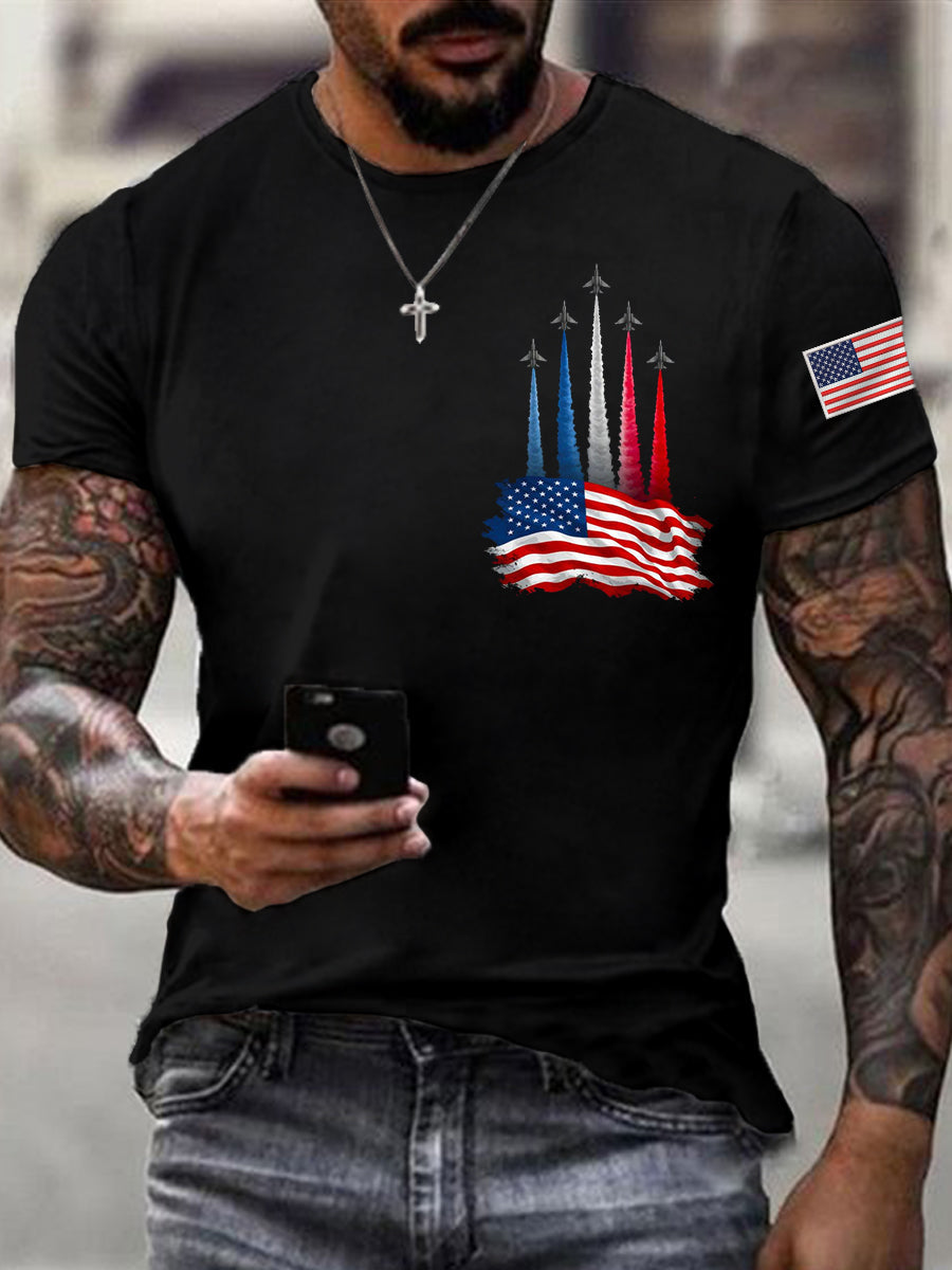 Men's Independence Day American Flag Jet Plane Print Casual Tee gracestitchs