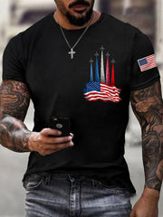 Men's Independence Day American Flag Jet Plane Print Casual Tee gracestitchs