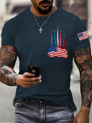 Men's Independence Day American Flag Jet Plane Print Casual Tee gracestitchs