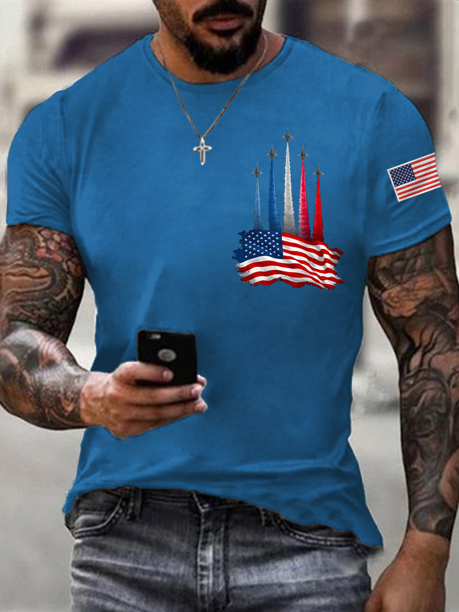 Men's Independence Day American Flag Jet Plane Print Casual Tee gracestitchs