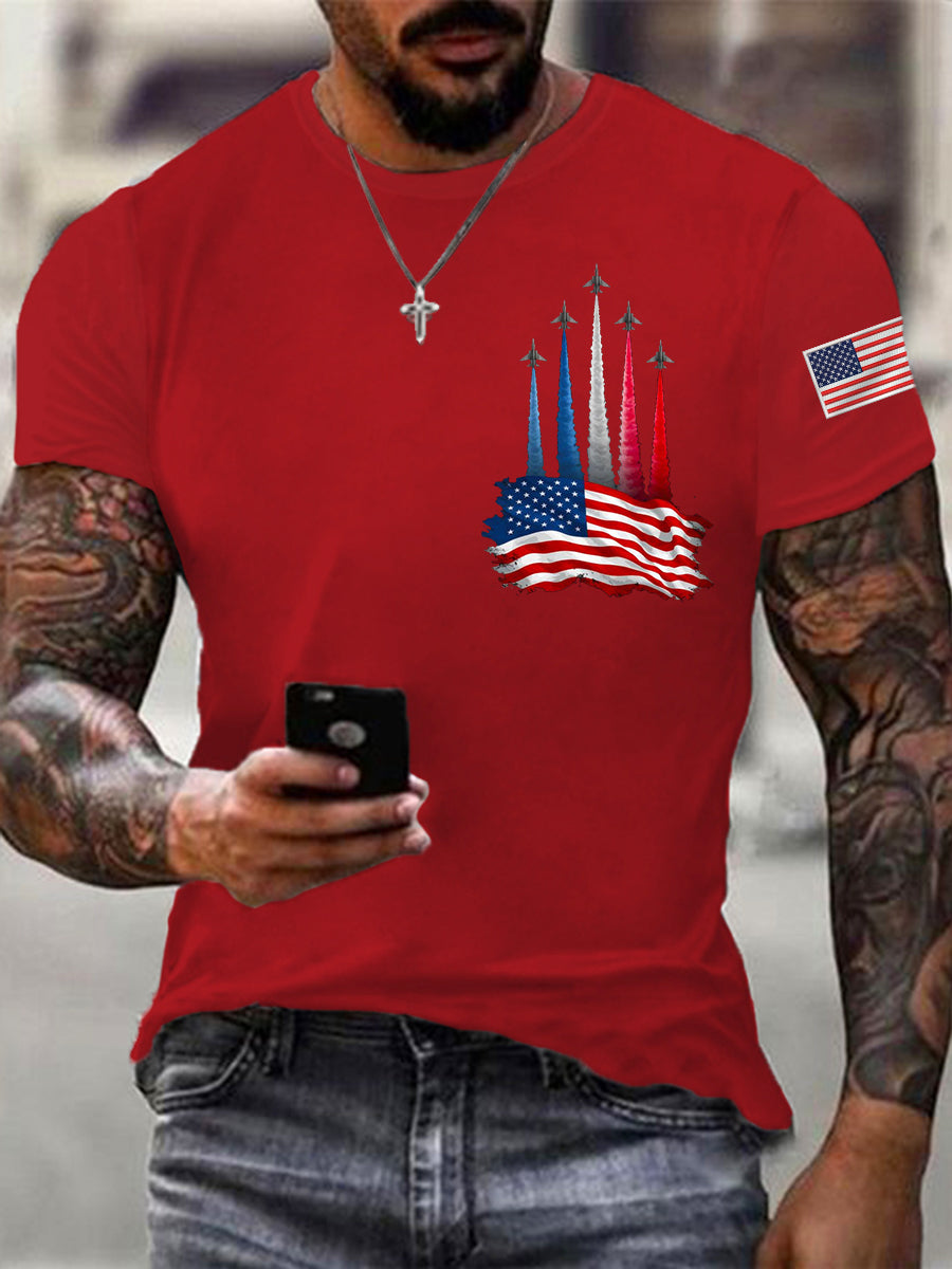 Men's Independence Day American Flag Jet Plane Print Casual Tee gracestitchs