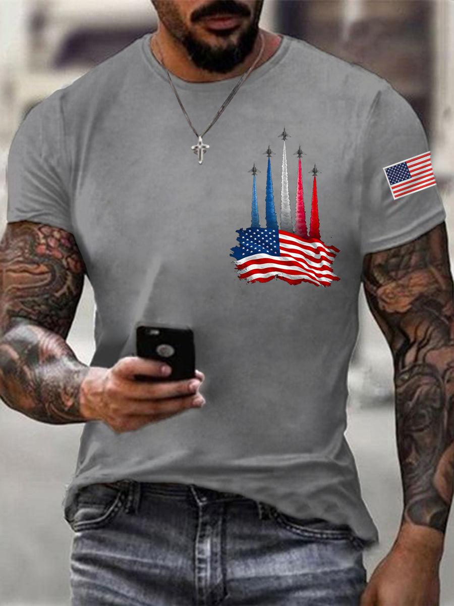 Men's Independence Day American Flag Jet Plane Print Casual Tee gracestitchs