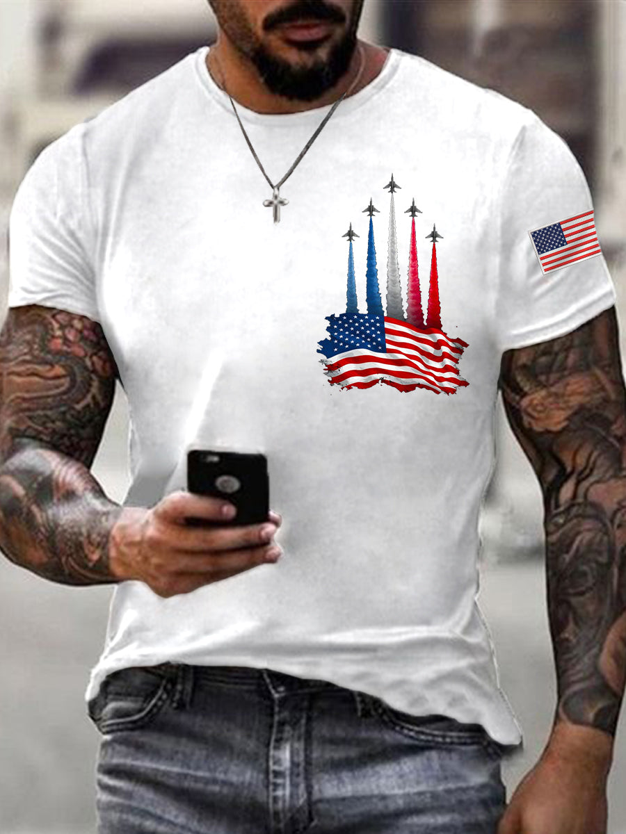 Men's Independence Day American Flag Jet Plane Print Casual Tee gracestitchs