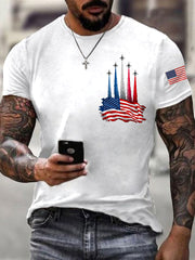 Men's Independence Day American Flag Jet Plane Print Casual Tee gracestitchs