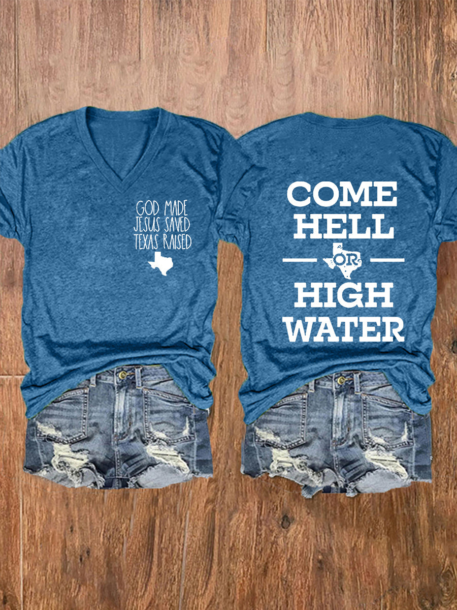 Women's Texas Strong God Made Jesus Saved Texas Raised Come Hell Or High Water Short-sleeved T-shirt gracestitchs