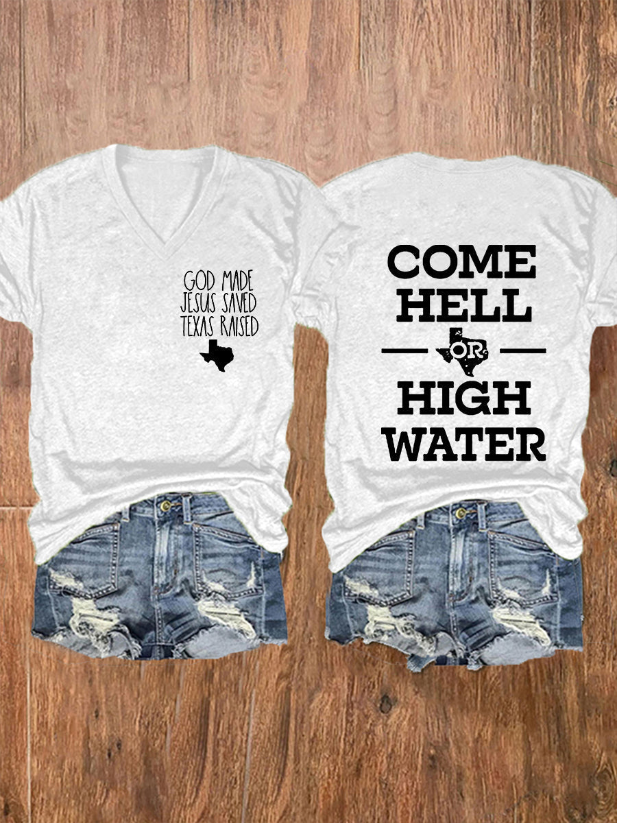Women's Texas Strong God Made Jesus Saved Texas Raised Come Hell Or High Water Short-sleeved T-shirt gracestitchs