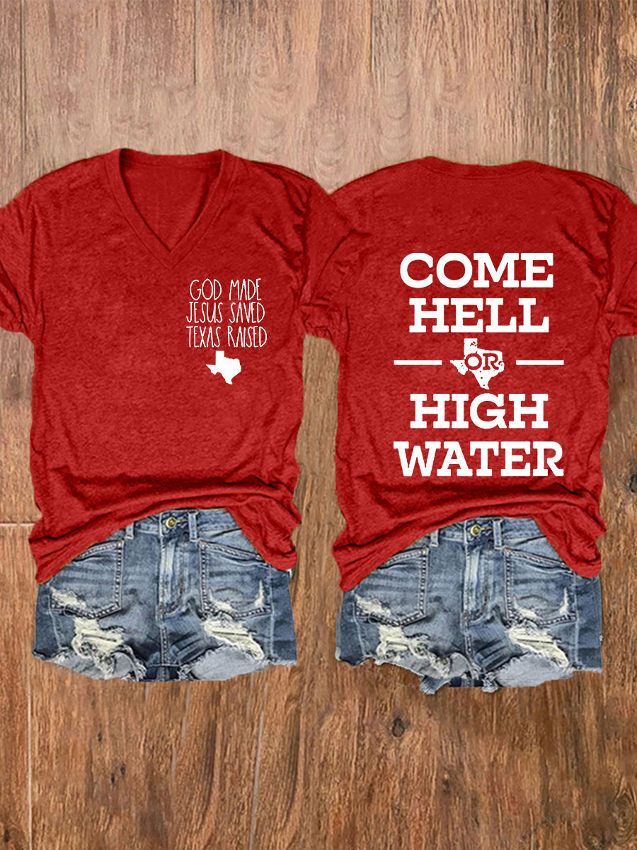 Women's Texas Strong God Made Jesus Saved Texas Raised Come Hell Or High Water Short-sleeved T-shirt gracestitchs