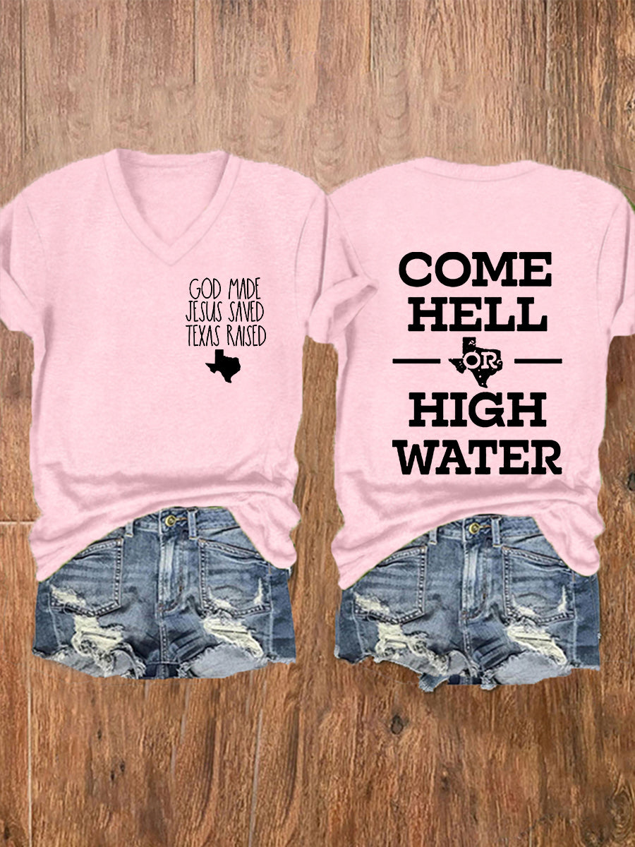 Women's Texas Strong God Made Jesus Saved Texas Raised Come Hell Or High Water Short-sleeved T-shirt gracestitchs