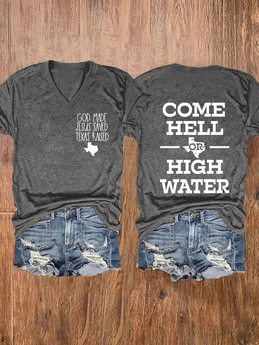 Women's Texas Strong God Made Jesus Saved Texas Raised Come Hell Or High Water Short-sleeved T-shirt gracestitchs