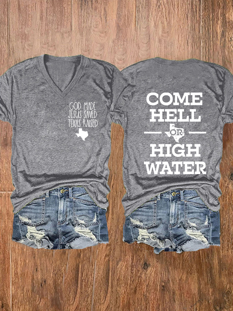 Women's Texas Strong God Made Jesus Saved Texas Raised Come Hell Or High Water Short-sleeved T-shirt gracestitchs