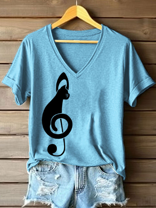 Women's Music Note Inspired Cat Print V-Neck T-Shirt gracestitchs
