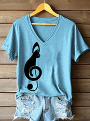 Women's Music Note Inspired Cat Print V-Neck T-Shirt gracestitchs