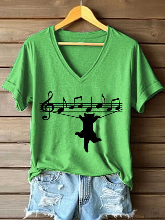Women's Music Notes and Cat Print V-Neck T-Shirt gracestitchs