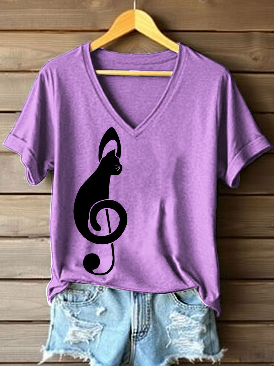 Women's Music Note Inspired Cat Print V-Neck T-Shirt gracestitchs