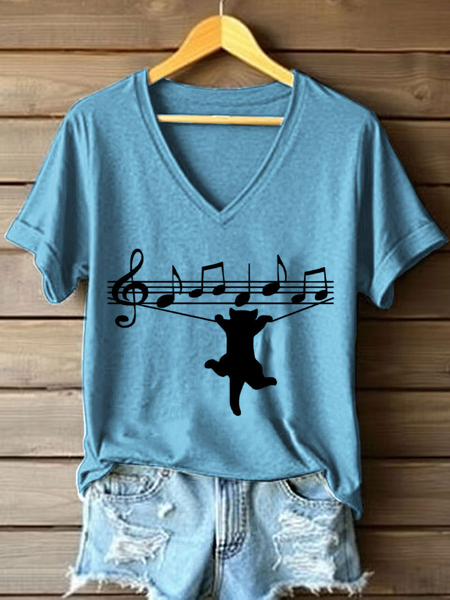 Women's Music Notes and Cat Print V-Neck T-Shirt gracestitchs