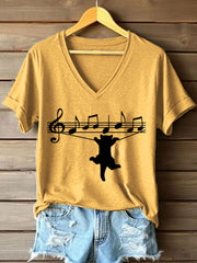 Women's Music Notes and Cat Print V-Neck T-Shirt gracestitchs