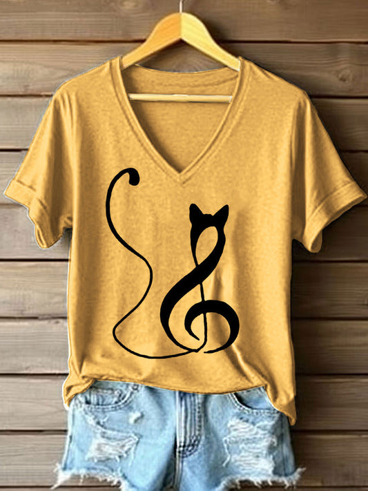 Women's Music Note Inspired Cat Print V-Neck T-Shirt gracestitchs