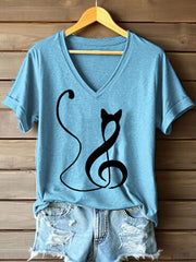 Women's Music Note Inspired Cat Print V-Neck T-Shirt gracestitchs
