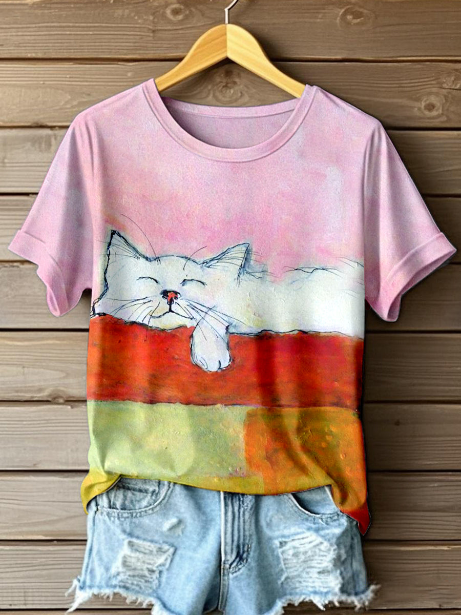 Women's Oil Painting Art Cat Print Short Sleeve T-Shirt gracestitchs