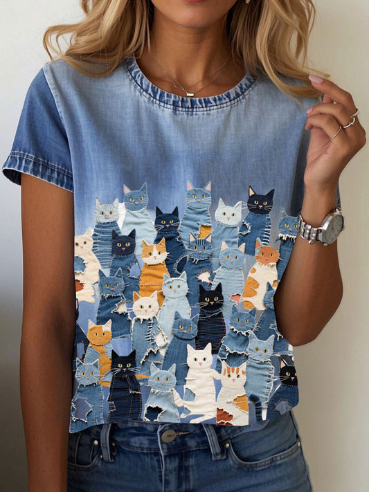 Women's denim print cat T-shirt gracestitchs
